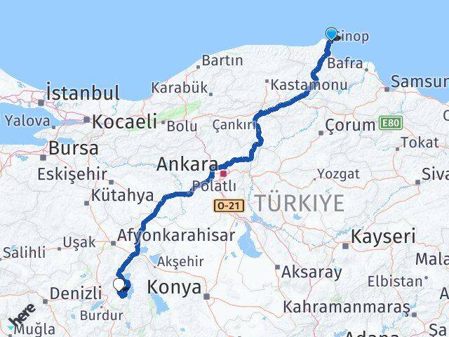 Sinop Atabey Isparta Arası Kaç Km - Yol Haritası