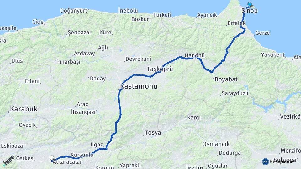 Sinop Atkaracalar Çankırı Arası Kaç Km - Yol Haritası
