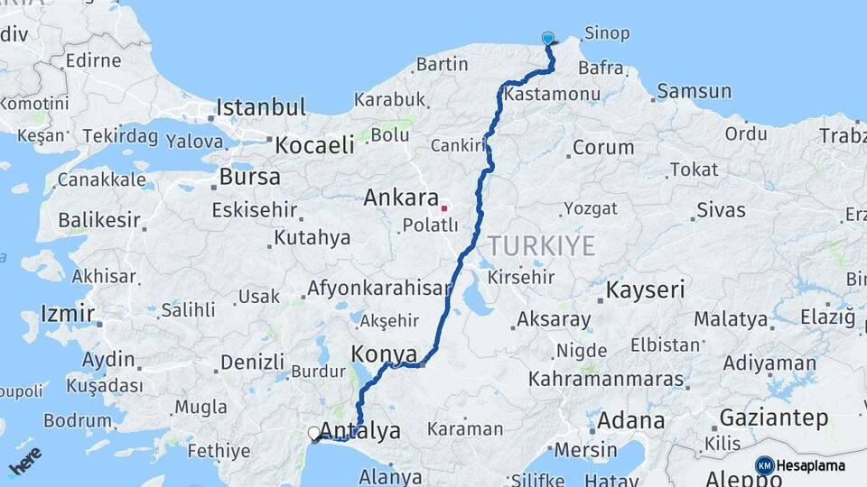 Sinop Ayancık Antalya Arası Kaç Km - Yol Haritası