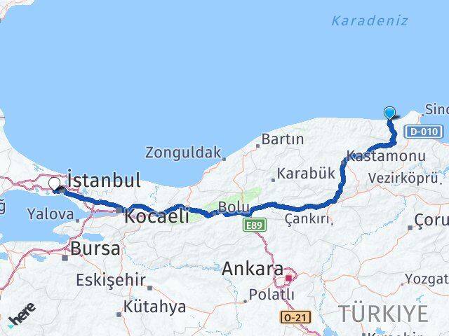Sinop Ayancık Bağcılar İstanbul Arası Kaç Km - Yol Haritası