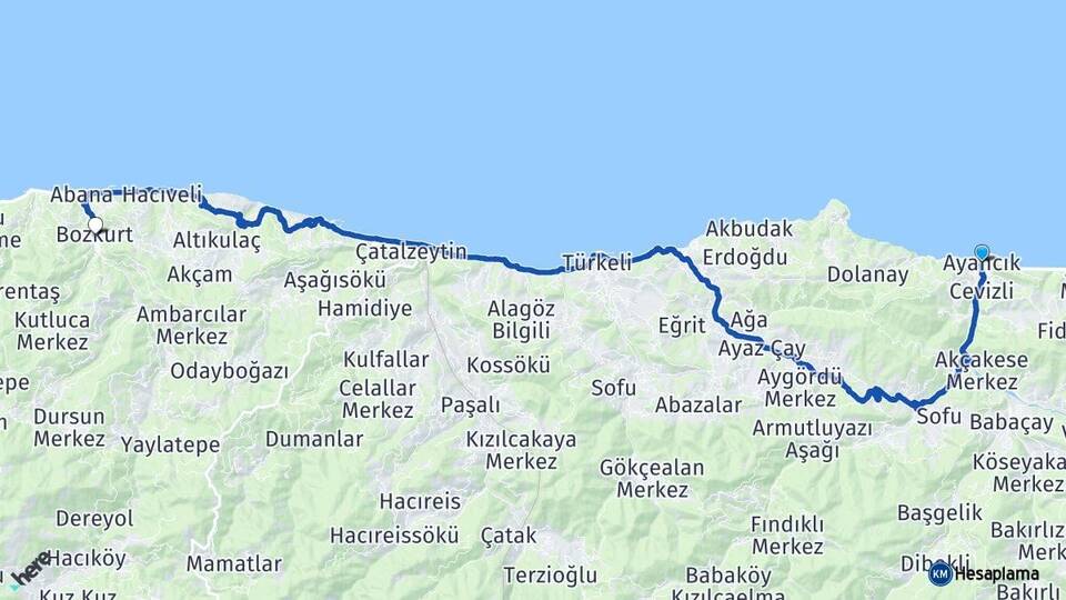 Sinop Ayancık Bozkurt Kastamonu Arası Kaç Km - Yol Haritası