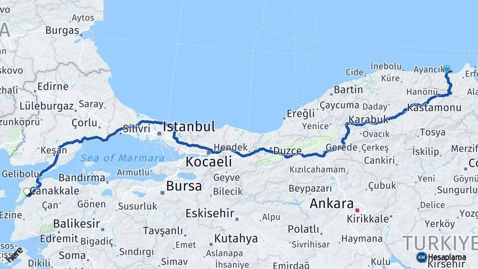Sinop Ayancık Çanakkale Arası Kaç Km - Yol Haritası