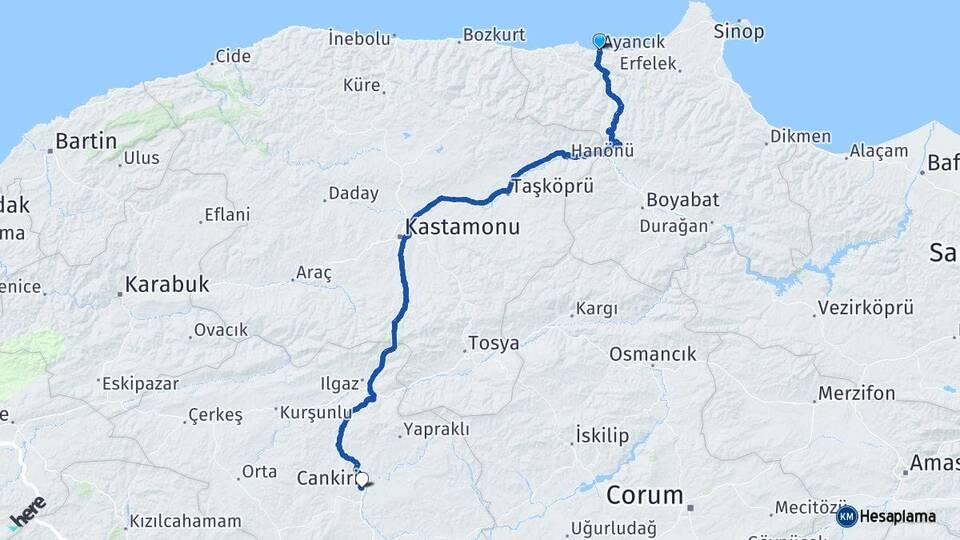 Sinop Ayancık Çankırı Arası Kaç Km - Yol Haritası