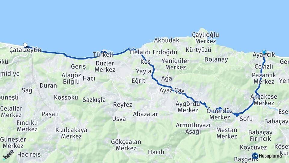 Sinop Ayancık Çatalzeytin Kastamonu Arası Kaç Km - Yol Haritası