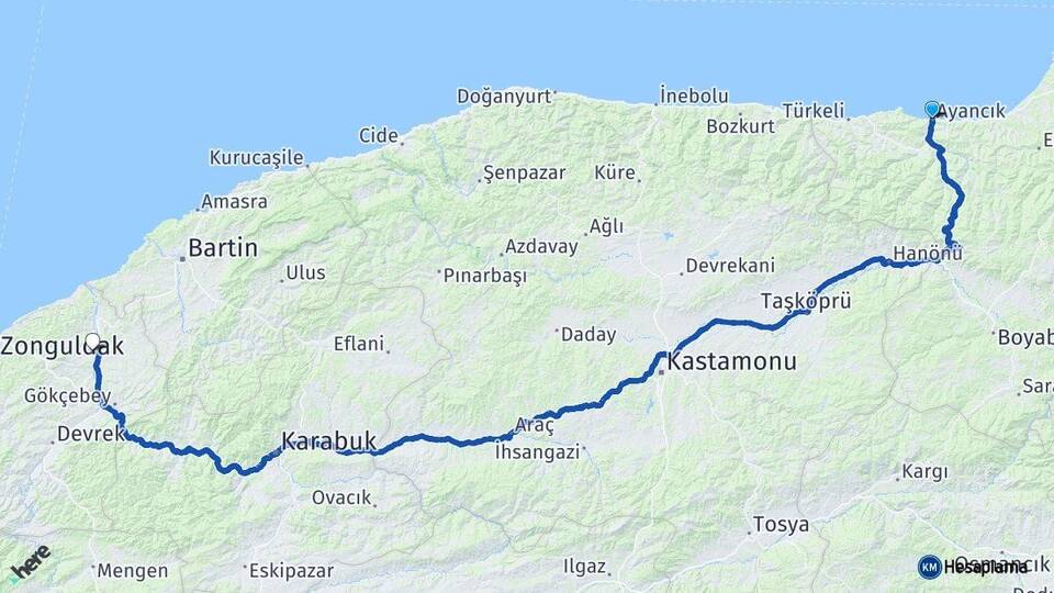 Sinop Ayancık Çaycuma Zonguldak Arası Kaç Km - Yol Haritası