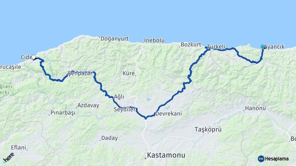 Sinop Ayancık Cide Kastamonu Arası Kaç Km - Yol Haritası