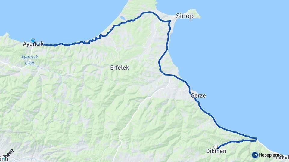 Sinop Ayancık Dikmen Arası Kaç Km - Yol Haritası
