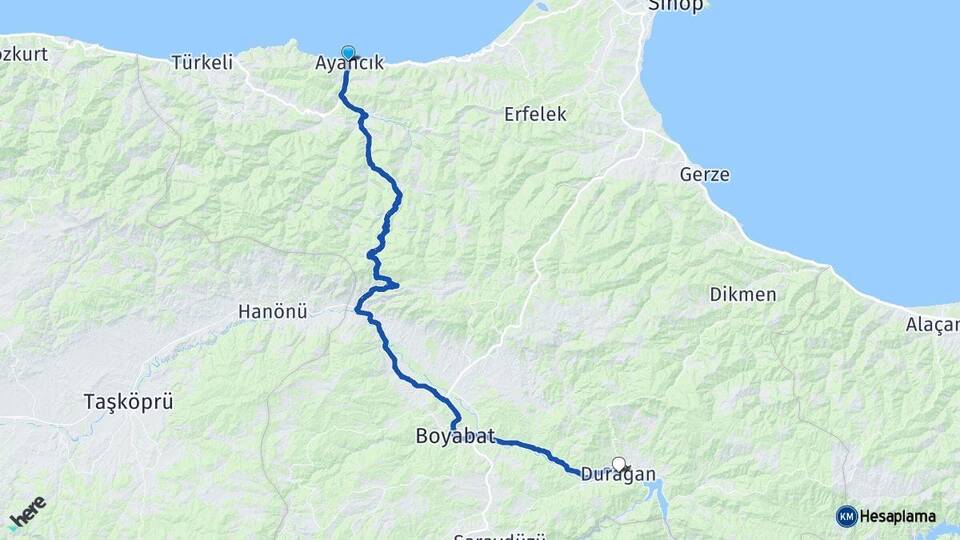 Sinop Ayancık Durağan Arası Kaç Km - Yol Haritası