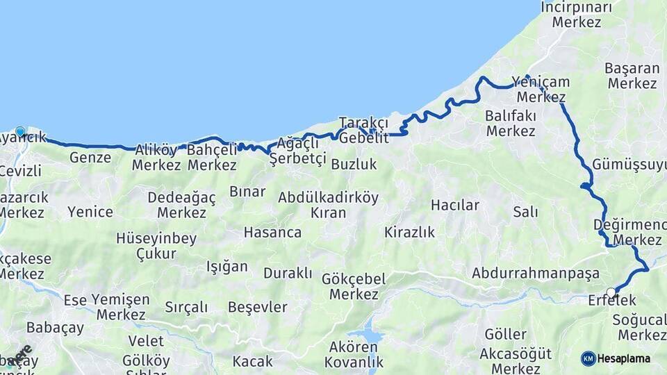 Sinop Ayancık Erfelek Arası Kaç Km - Yol Haritası