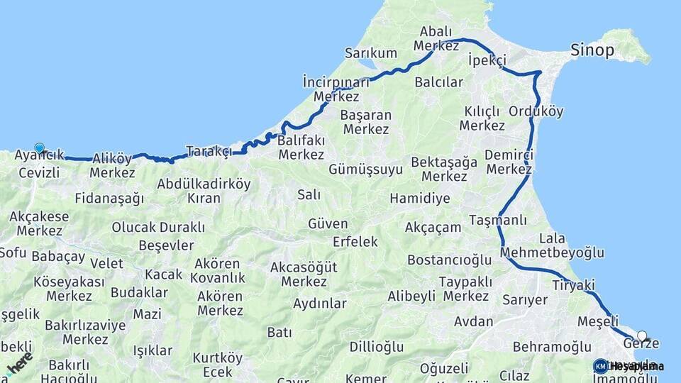Sinop Ayancık Gerze Arası Kaç Km - Yol Haritası