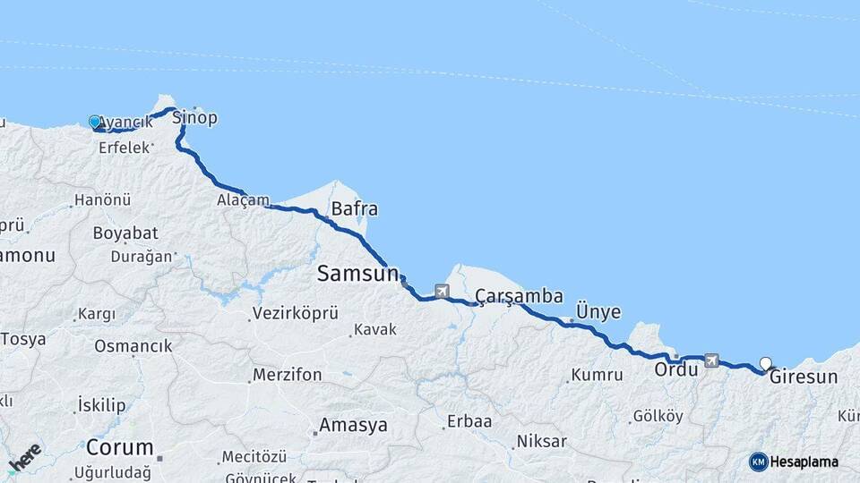 Sinop Ayancık Giresun Arası Kaç Km - Yol Haritası