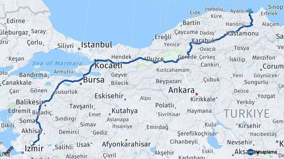 Sinop Ayancık Manisa Arası Kaç Km - Yol Haritası