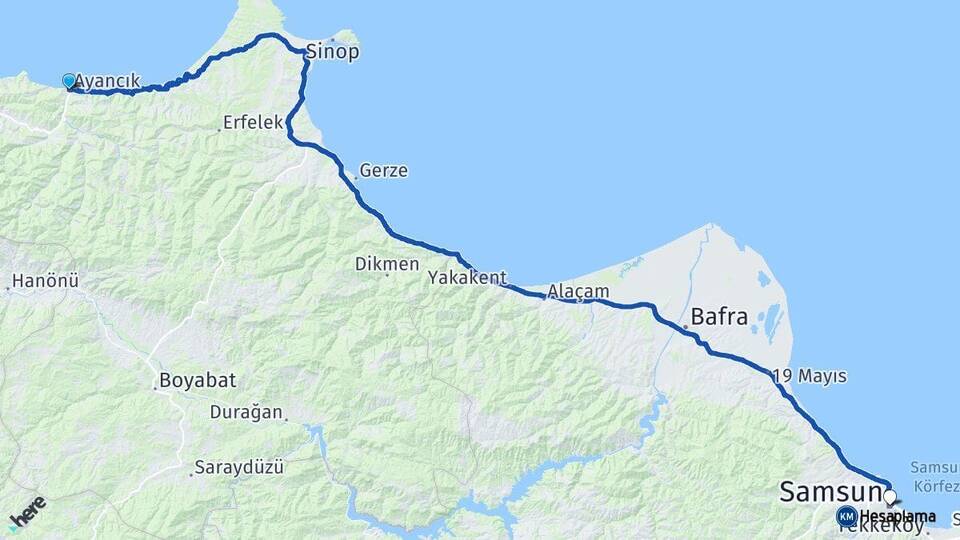 Sinop Ayancık Samsun Arası Kaç Km - Yol Haritası