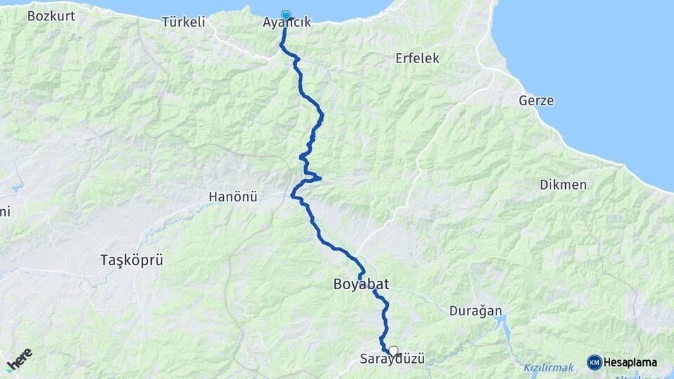 Sinop Ayancık Saraydüzü Arası Kaç Km - Yol Haritası