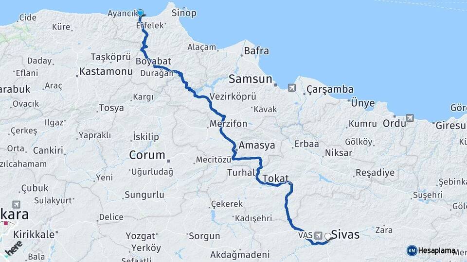 Sinop Ayancık Sivas Arası Kaç Km - Yol Haritası