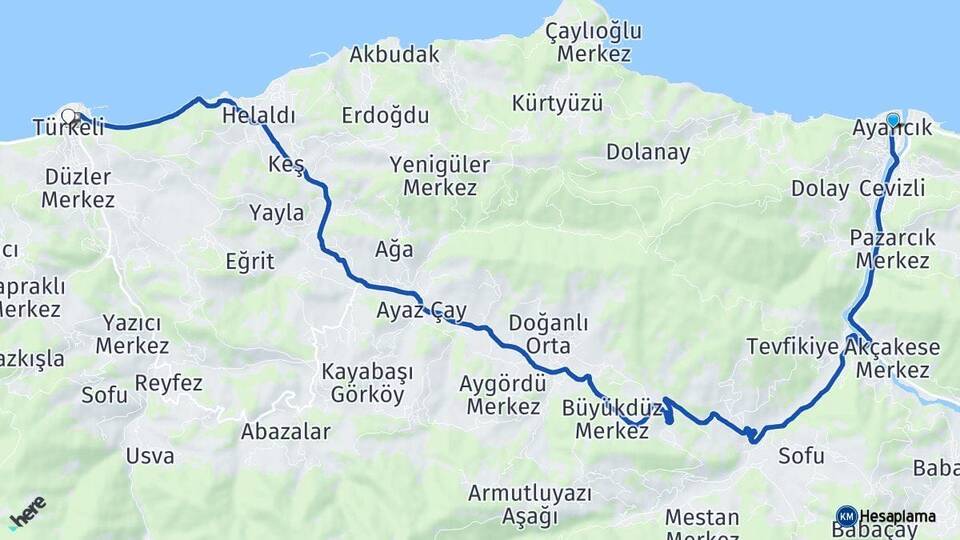 Sinop Ayancık Türkeli Arası Kaç Km - Yol Haritası