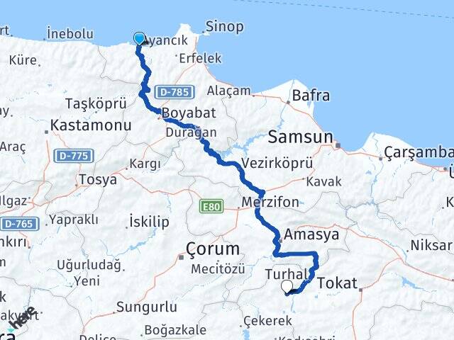 Sinop Ayancık Zile Tokat Arası Kaç Km - Yol Haritası