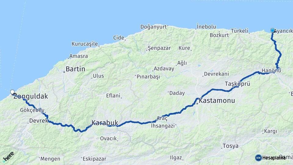 Sinop Ayancık Zonguldak Arası Kaç Km - Yol Haritası