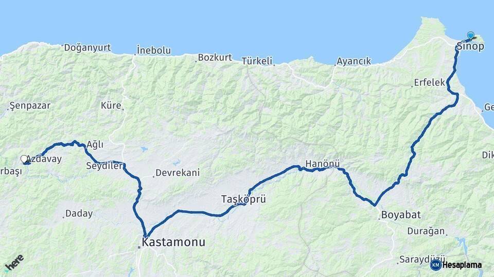 Sinop Azdavay Kastamonu Arası Kaç Km - Yol Haritası