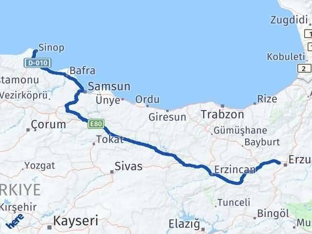 Sinop Aziziye Erzurum Arası Kaç Km - Yol Haritası