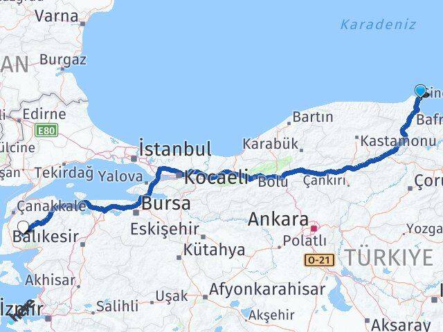 Sinop Bayramiç Çanakkale Arası Kaç Km - Yol Haritası