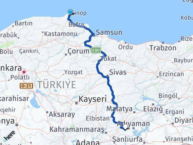 Sinop Besni Adıyaman Arası Kaç Km - Yol Haritası