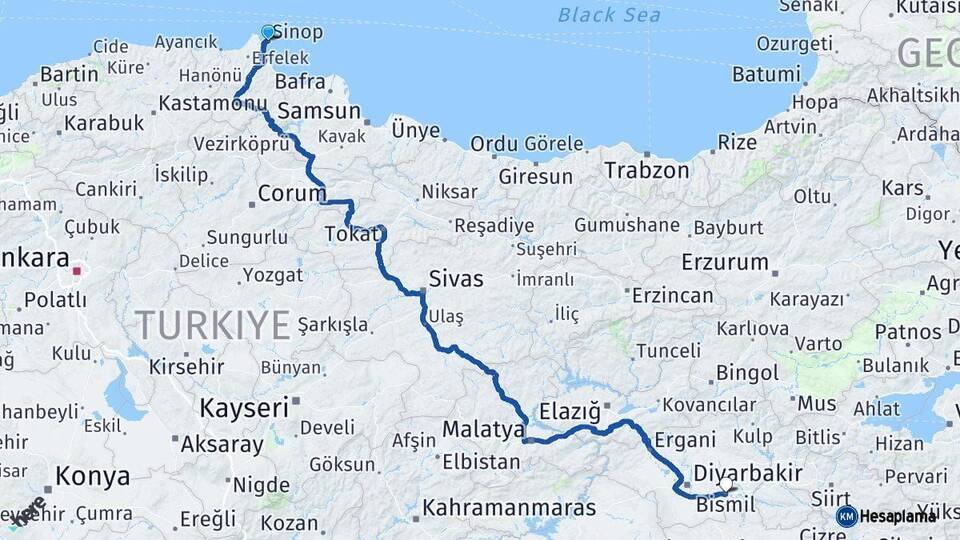 Sinop Bismil Diyarbakır Arası Kaç Km - Yol Haritası