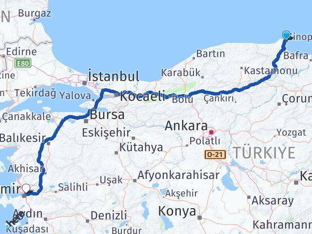 Sinop Bornova İzmir Arası Kaç Km - Yol Haritası