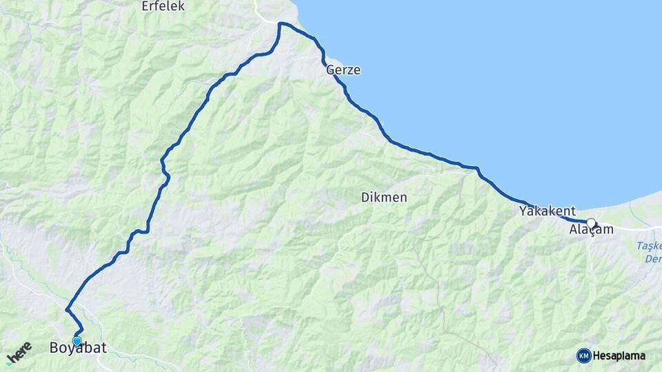 Sinop Boyabat Alaçam Samsun Arası Kaç Km - Yol Haritası