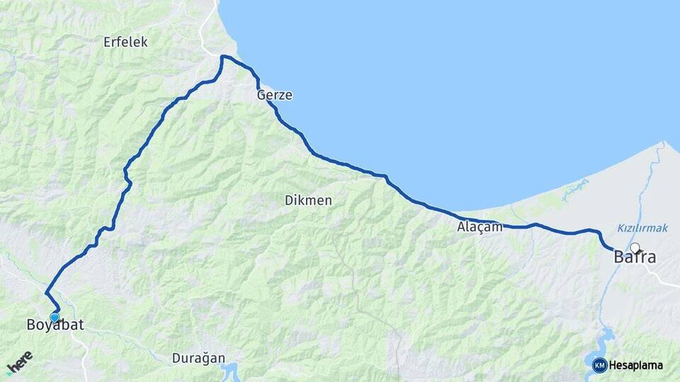 Sinop Boyabat Bafra Samsun Arası Kaç Km - Yol Haritası