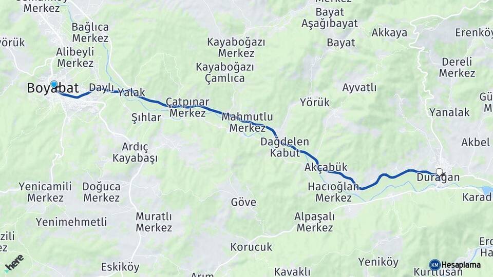 Sinop Boyabat Durağan Arası Kaç Km - Yol Haritası