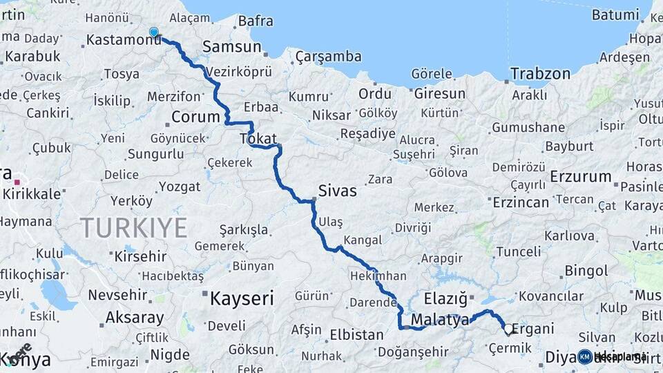 Sinop Boyabat Ergani Diyarbakır Arası Kaç Km - Yol Haritası