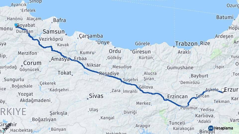 Sinop Boyabat Erzurum Arası Kaç Km - Yol Haritası
