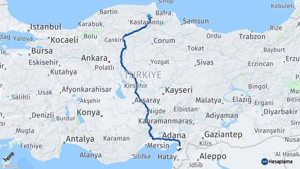 Sinop Boyabat İskenderun Hatay Arası Kaç Km - Yol Haritası