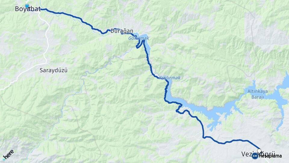 Sinop Boyabat Vezirköprü Samsun Arası Kaç Km - Yol Haritası