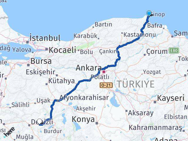 Sinop Bozkurt Denizli Arası Kaç Km - Yol Haritası
