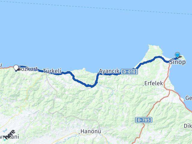 Sinop Bozkurt Kastamonu Arası Kaç Km - Yol Haritası