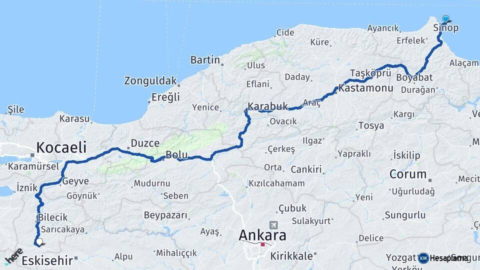 Sinop Bozüyük Bilecik Arası Kaç Km - Yol Haritası
