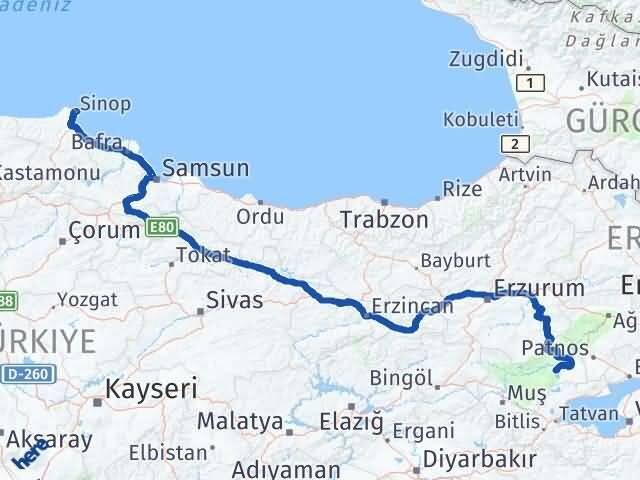Sinop Bulanık Muş Arası Kaç Km - Yol Haritası
