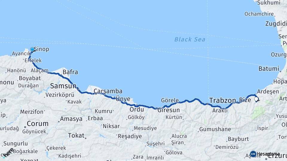 Sinop Çamlıhemşin Rize Arası Kaç Km - Yol Haritası