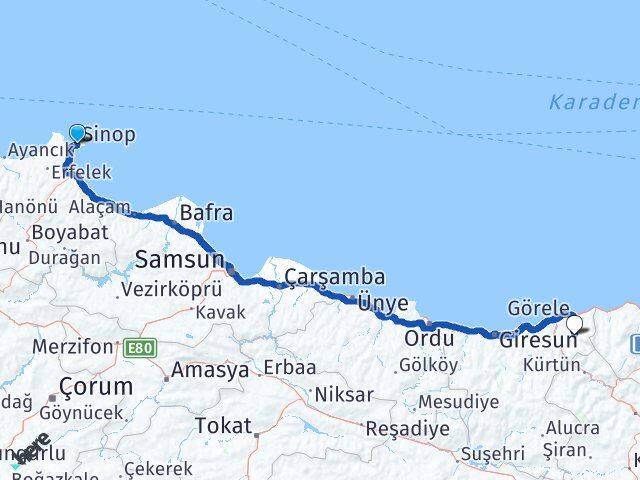 Sinop Çanakçı Giresun Arası Kaç Km - Yol Haritası