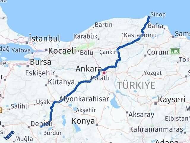 Sinop Çardak Denizli Arası Kaç Km - Yol Haritası