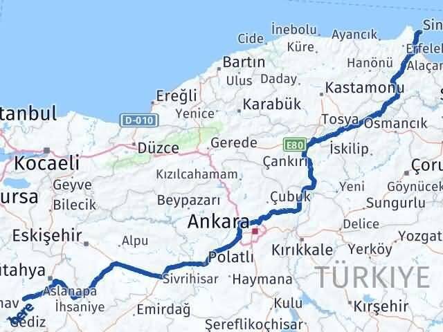 Sinop Çavdarhisar Kütahya Arası Kaç Km - Yol Haritası