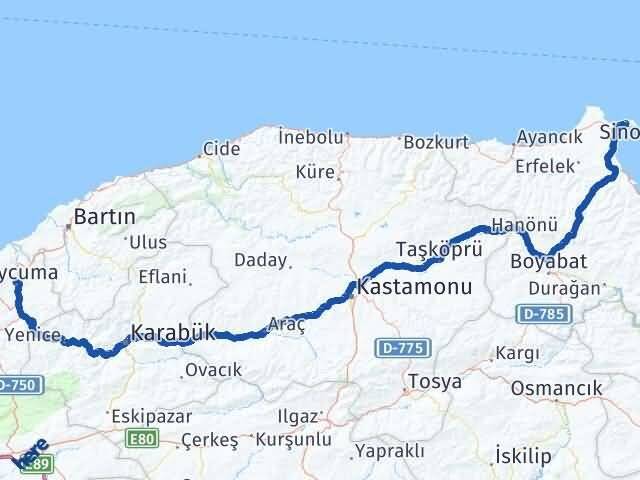 Sinop Çaycuma Zonguldak Arası Kaç Km - Yol Haritası