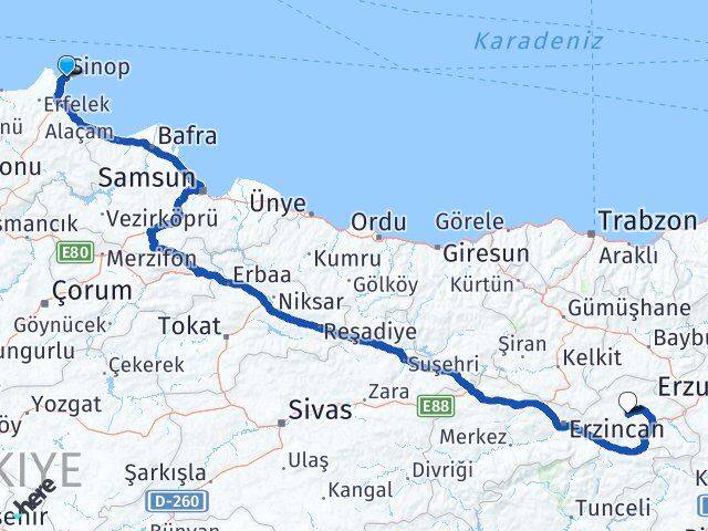 Sinop Çayırlı Erzincan Arası Kaç Km - Yol Haritası