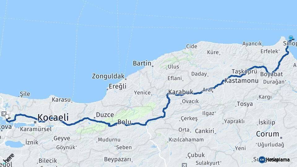 Sinop Çayırova Kocaeli Arası Kaç Km - Yol Haritası
