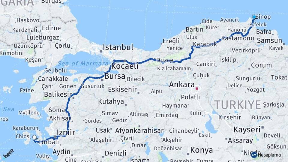 Sinop Çeşme İzmir Arası Kaç Km - Yol Haritası
