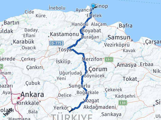 Sinop Çiçekdağı Kırşehir Arası Kaç Km - Yol Haritası