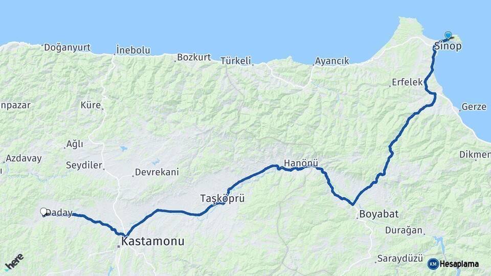 Sinop Daday Kastamonu Arası Kaç Km - Yol Haritası