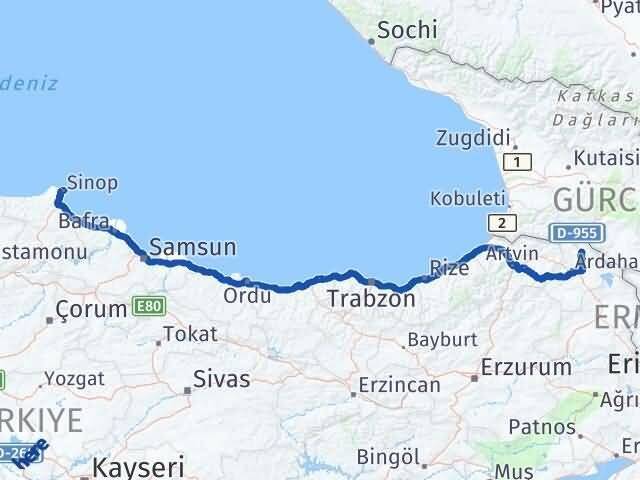 Sinop Damal Ardahan Arası Kaç Km - Yol Haritası